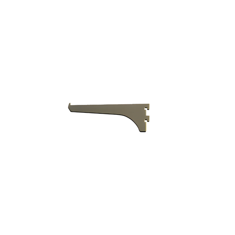 A side profile view of a 6-inch aluminum shelf bracket featuring a dark bronze anodized finish and a notched mounting end.