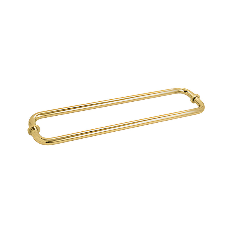 A satin brass back-to-back tubular towel bar with metal washers designed for glass mounting.
