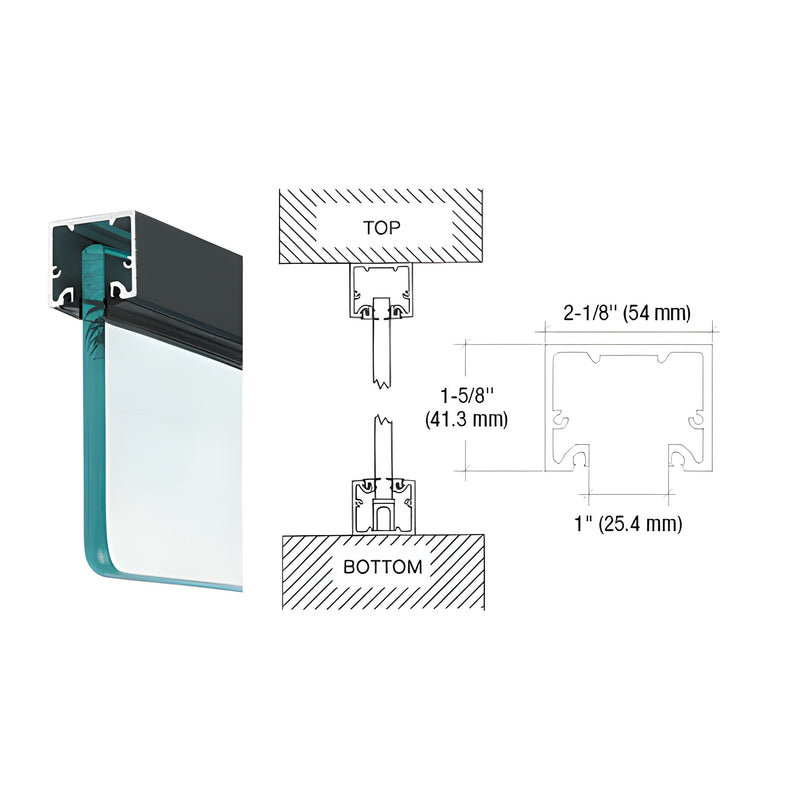 A technical diagram and 3D render showing a black powder coat U-channel profile designed for 3/4 inch thick glass installation.
