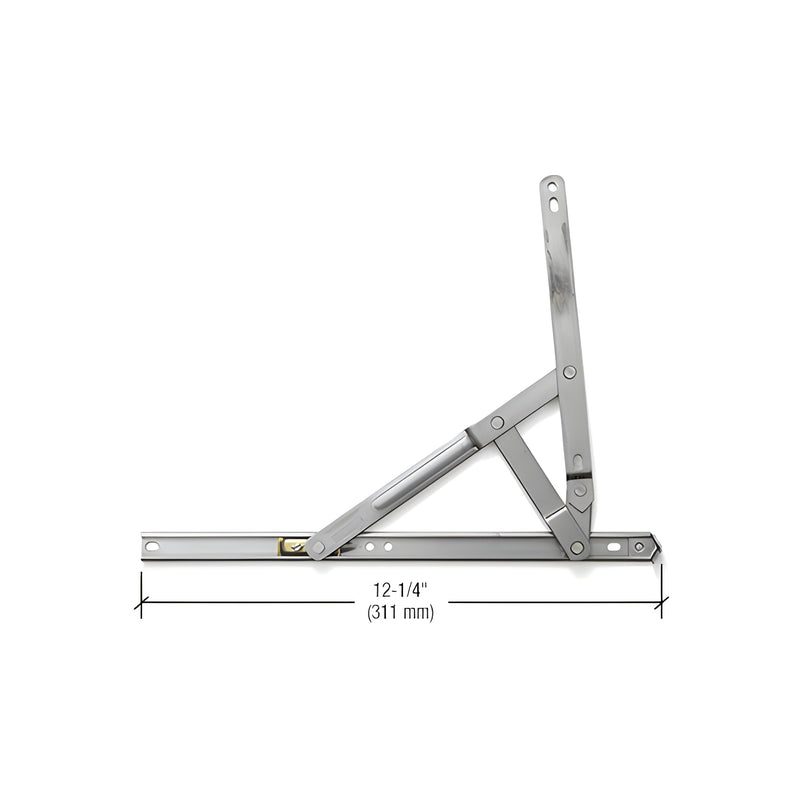 A 12-1/4 inch CRL 90 degree 4-bar hinge in a mill finish shown in an open position.