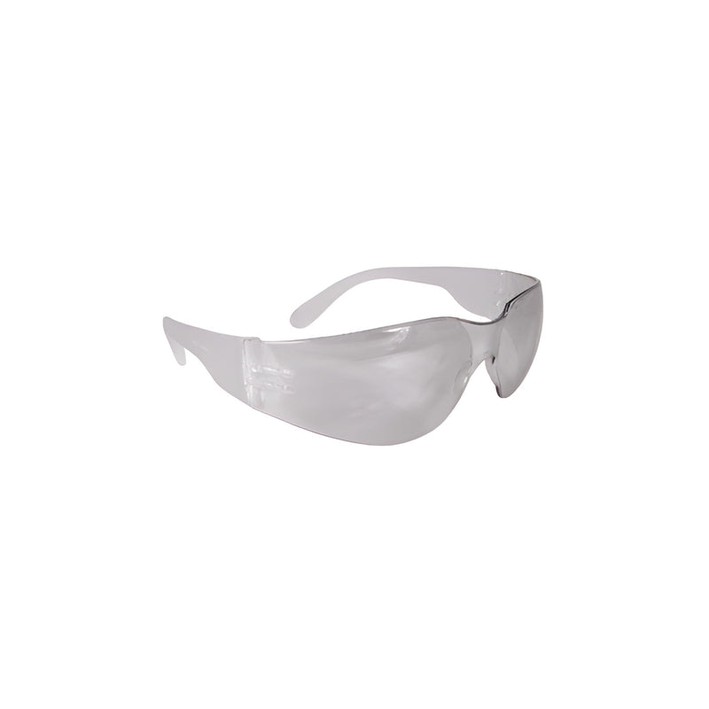 A pair of clear polycarbonate safety glasses shown from a side angle.
