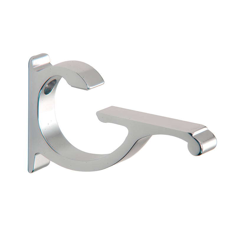A polished chrome designer aluminum shelf bracket designed for glass shelving.