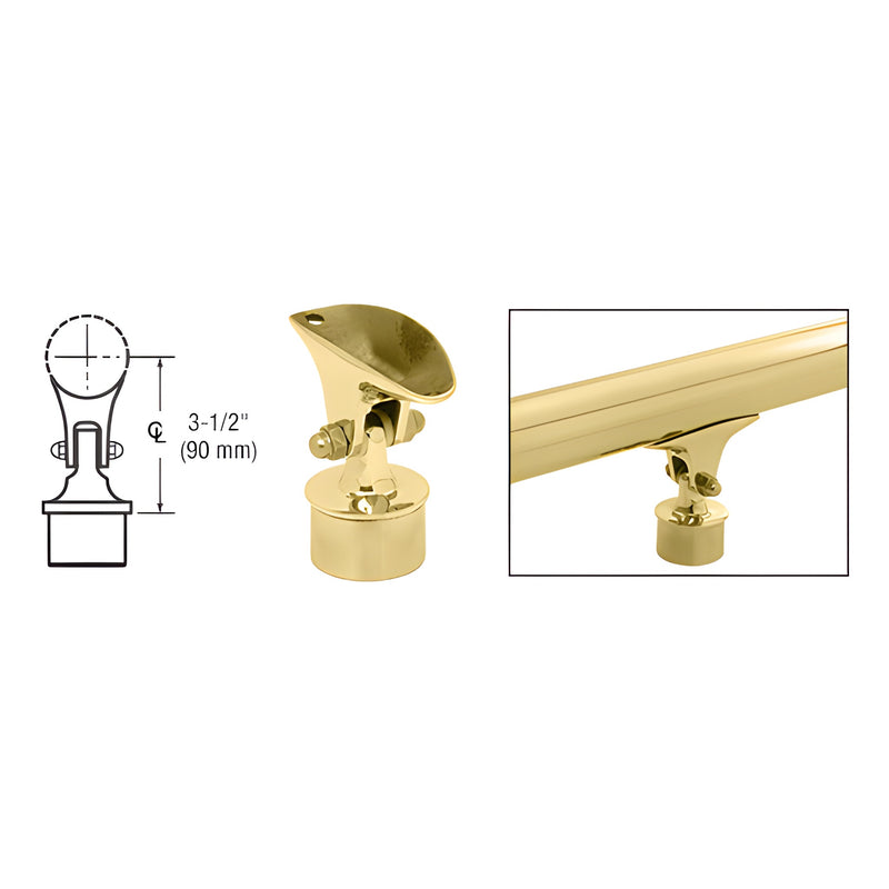 A polished brass adjustable saddle for 2-inch tubing shown with a technical diagram and an installed example.