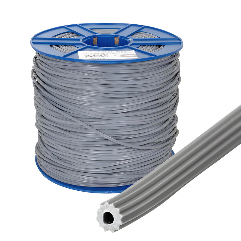 A 15-pound bulk roll of gray serrated hollow core vinyl screen retainer spline.