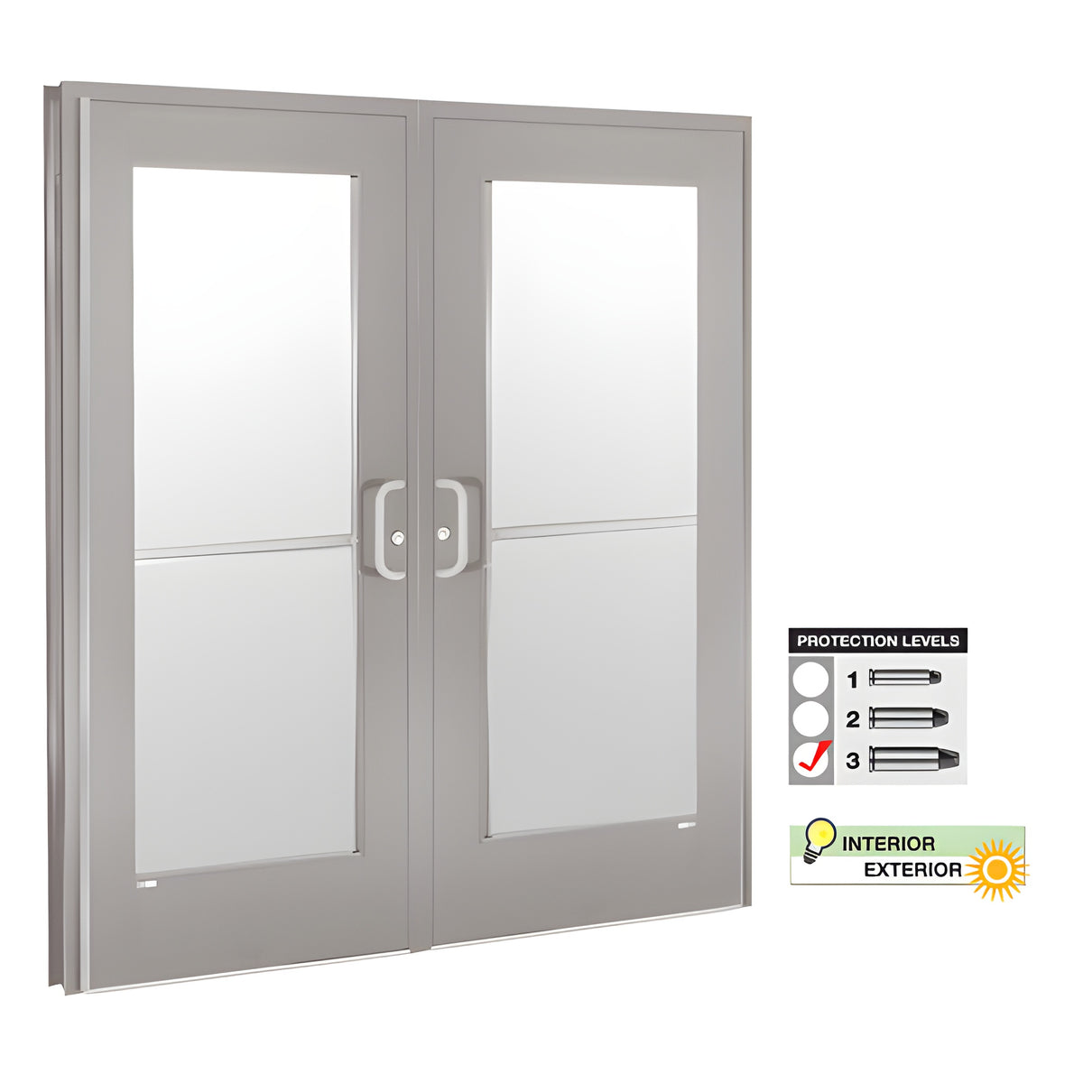A satin anodized aluminum double door system with bullet resistant glazing and a Level 3 protection rating.