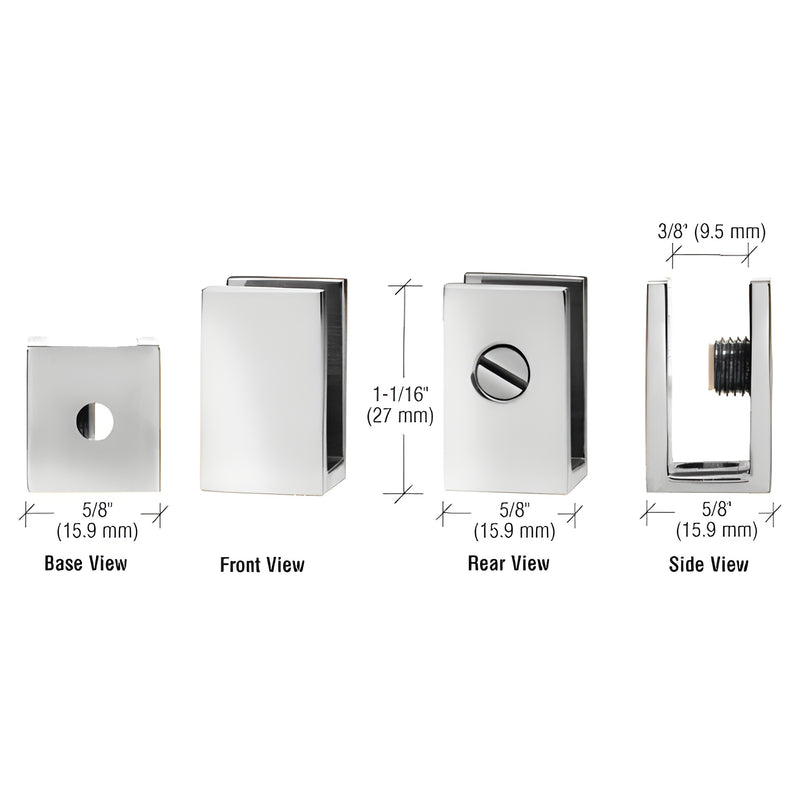 Technical diagram showing the base, front, rear, and side views of a polished chrome brass set screw clamp for glass panels.