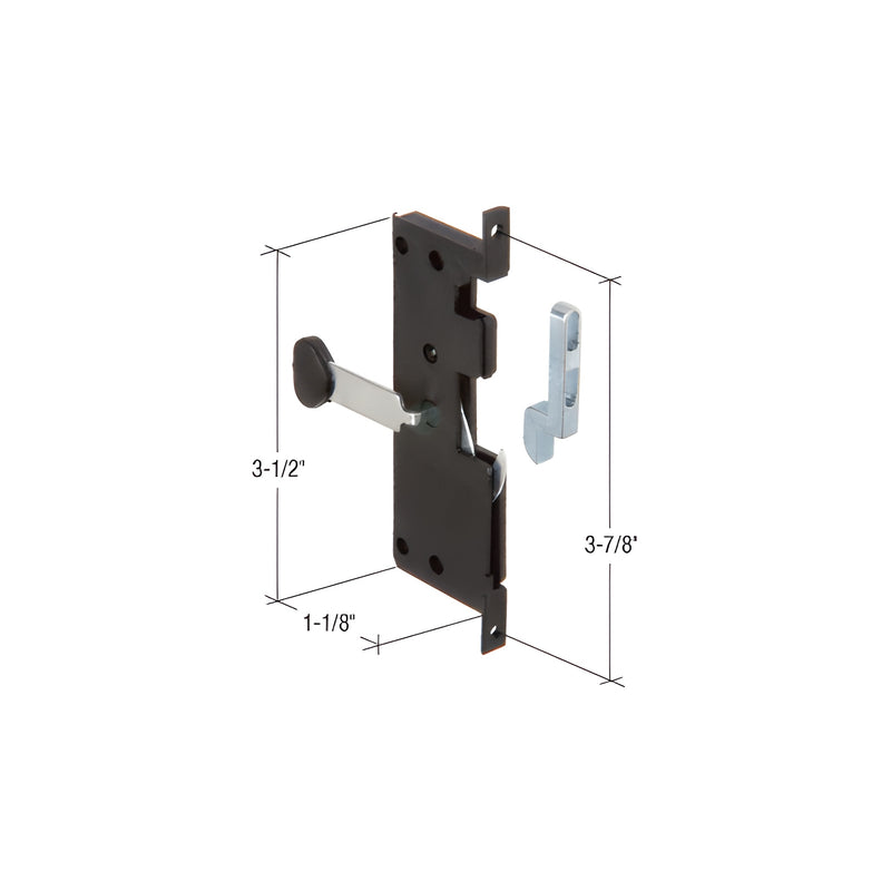 A non-handed screen door latch and pull assembly with a black plastic housing and steel components shown with 3-7/8 inch screw hole dimensions.