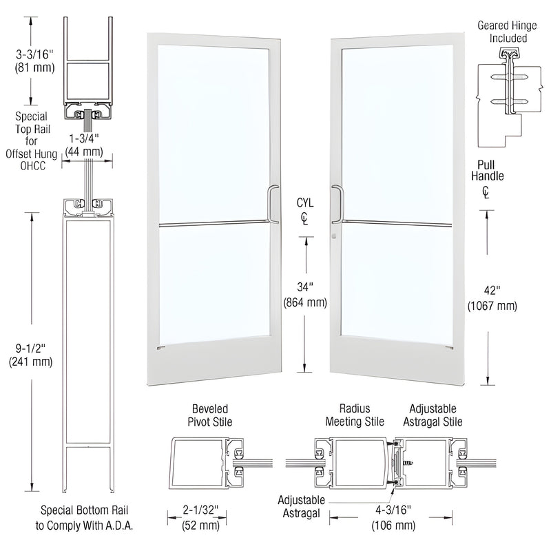 Technical diagram showing a pair of narrow stile geared hinged entrance doors with White KYNAR finish and overhead concealed door closer components.