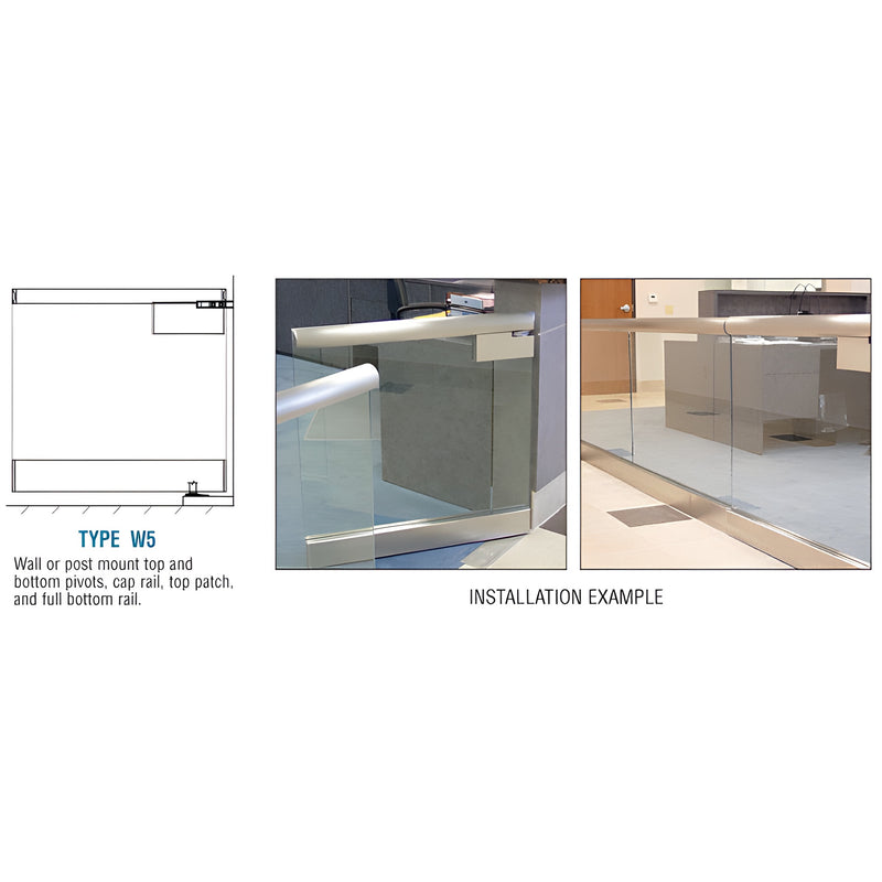 A technical diagram and installation photos showing a brushed stainless steel wall mount swinging gate with a wide bottom rail and cap rail.