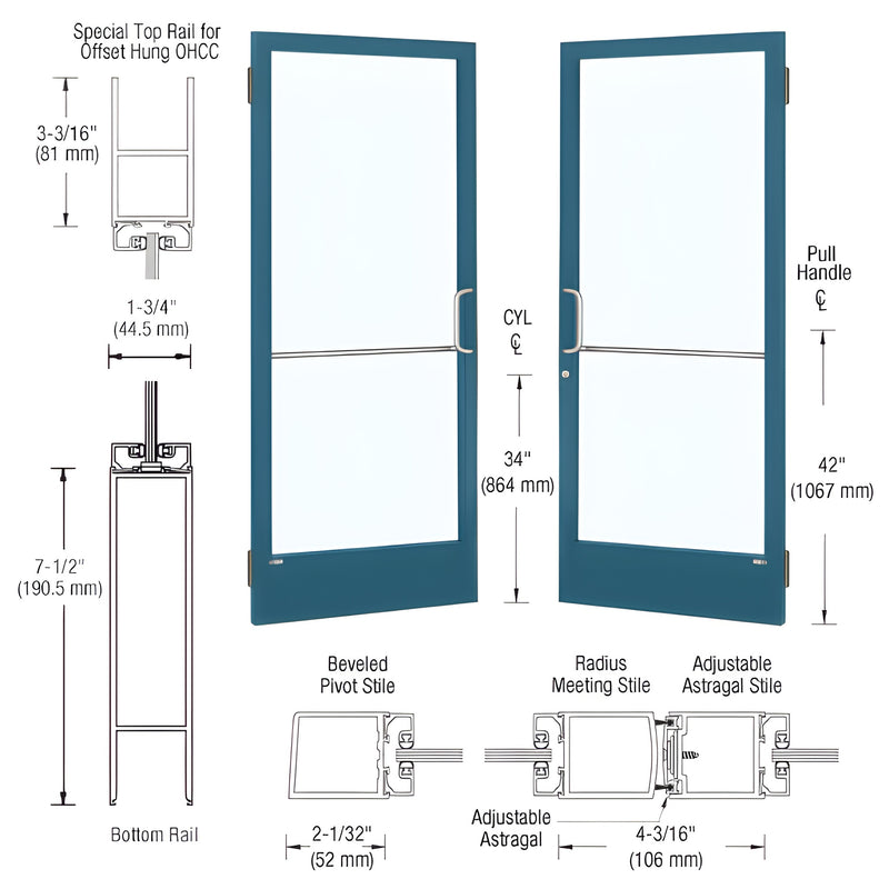 A technical diagram showing a pair of Series 250 narrow stile entrance doors with custom Kynar finish, including cross-section views of rails and stiles.