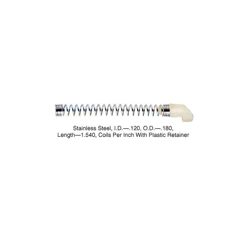 A steel slide bolt spring with a white plastic retainer attached to one end.