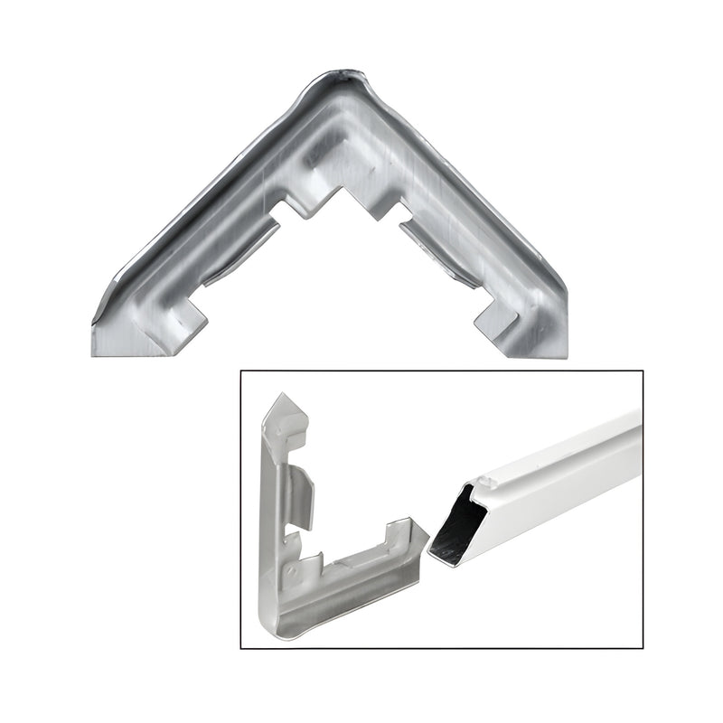 A mill finish aluminum corner connector for a 3/8 inch screen frame shown alone and inserted into a frame section.