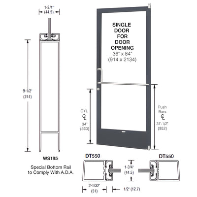 CRL-U.S. Aluminum Bronze Black Anodized 250 Series Narrow Stile (RHR) HRSO Single 3'0 x 7'0 Offset Hung with Pivots for Surf Mount Closer Complete Door Std. Lock and 9-1/2" Bottom Rail