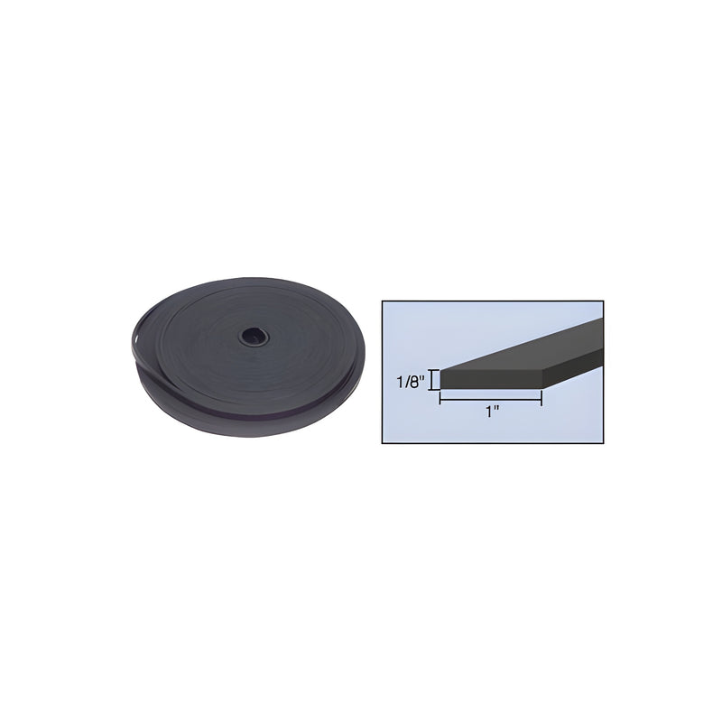 A black neoprene setting block material roll shown next to a diagram illustrating its 1/8 inch thickness and 1 inch width.