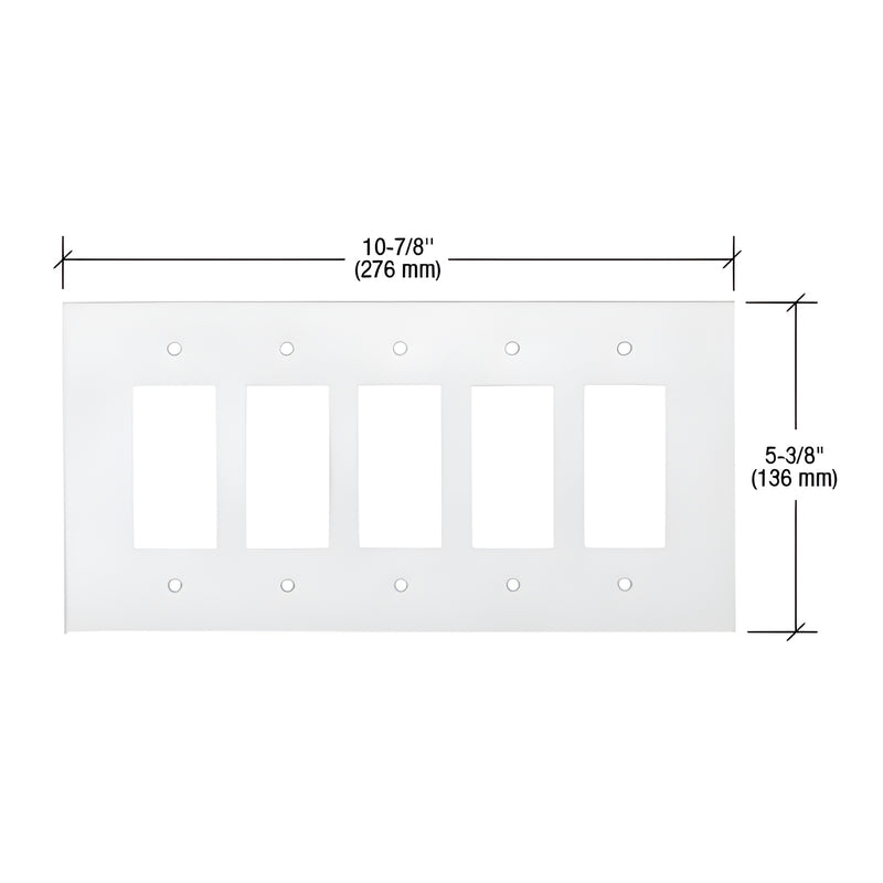 A technical diagram of a clear five-gang designer acrylic mirror wall plate showing width and height dimensions.