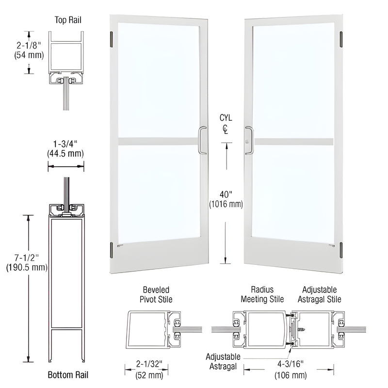 Technical diagram showing a pair of 72" x 84" Series 250 narrow stile entrance doors with White Kynar finish and cross-section rail details.