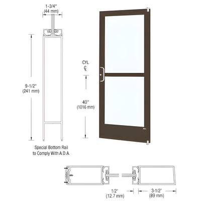 CRL-U.S. Aluminum Bronze Black Anodized 400 Series Medium Stile Active Leaf of Pair 3'0 x 7'0 Offset Hung with Pivots for Surf Mount Closer Complete Panic Door with Std. Panic and 9-1/2" Bottom Rail