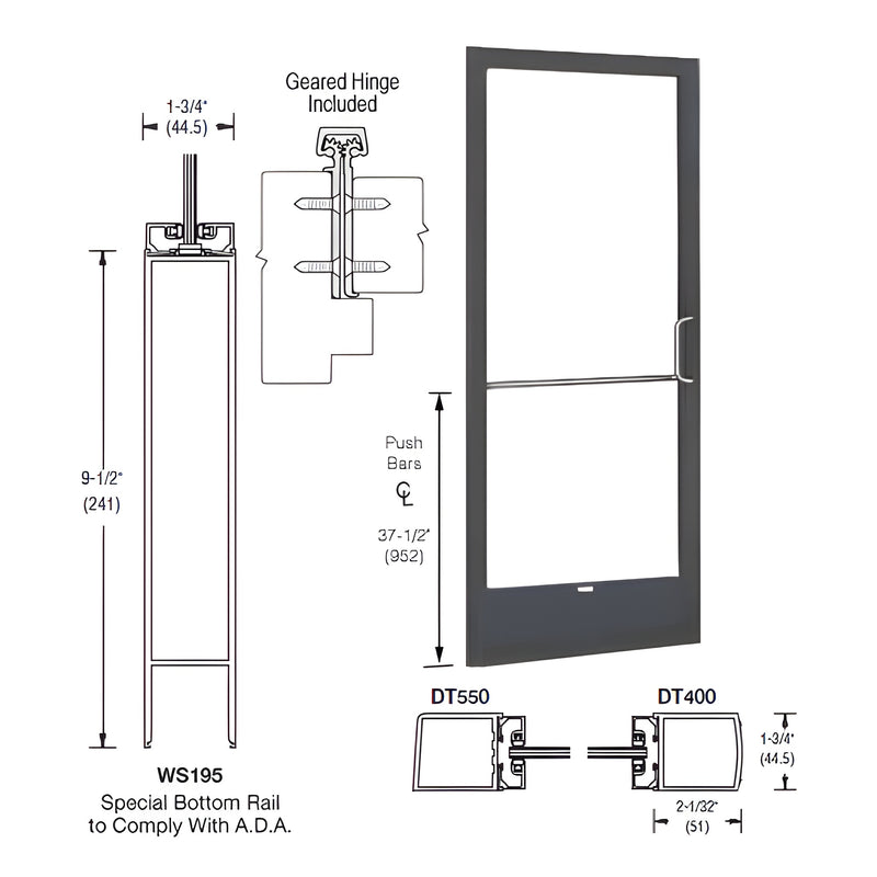 Technical diagram showing the profile and dimensions of a CRL-U.S. Aluminum 250 Series narrow stile inactive door leaf with a black bronze finish.