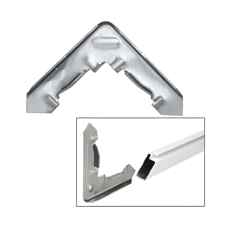 A mill finish aluminum corner connector for 3/4 inch by 5/16 inch screen frames shown individually and inserted into a frame section.