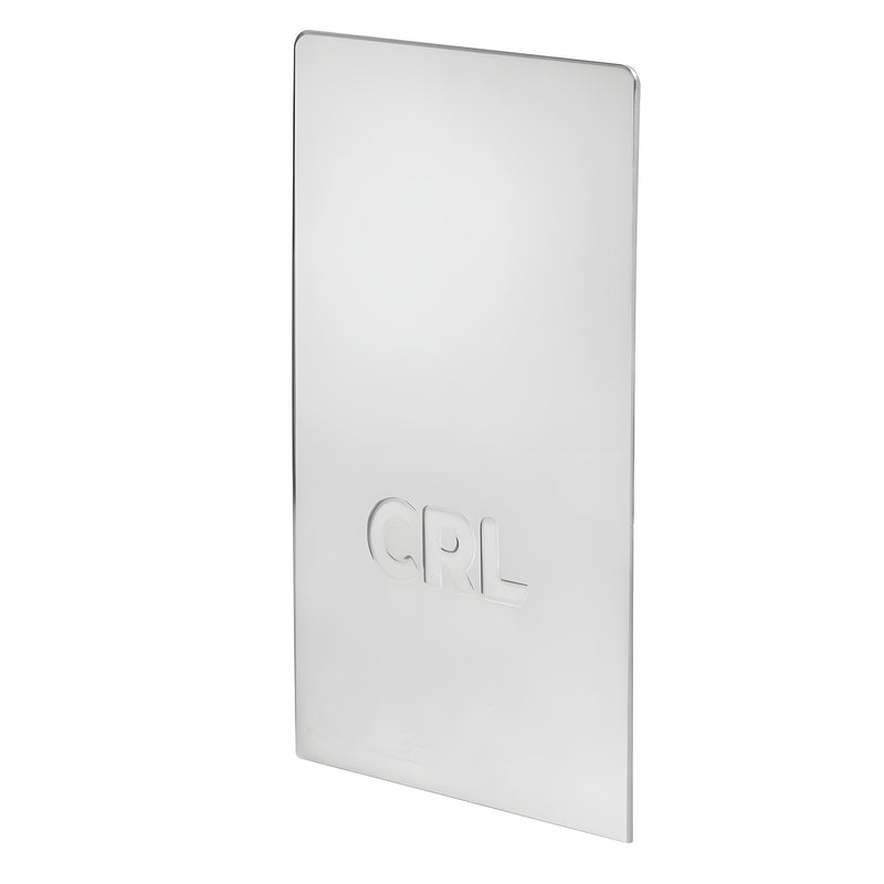 An angled view of a rectangular polished stainless steel end cap featuring the CRL logo.