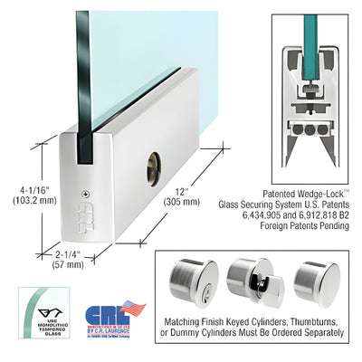 Polished Stainless 4" Square DRS Door Rail With Lock for 5/8" Glass - 12" Length
