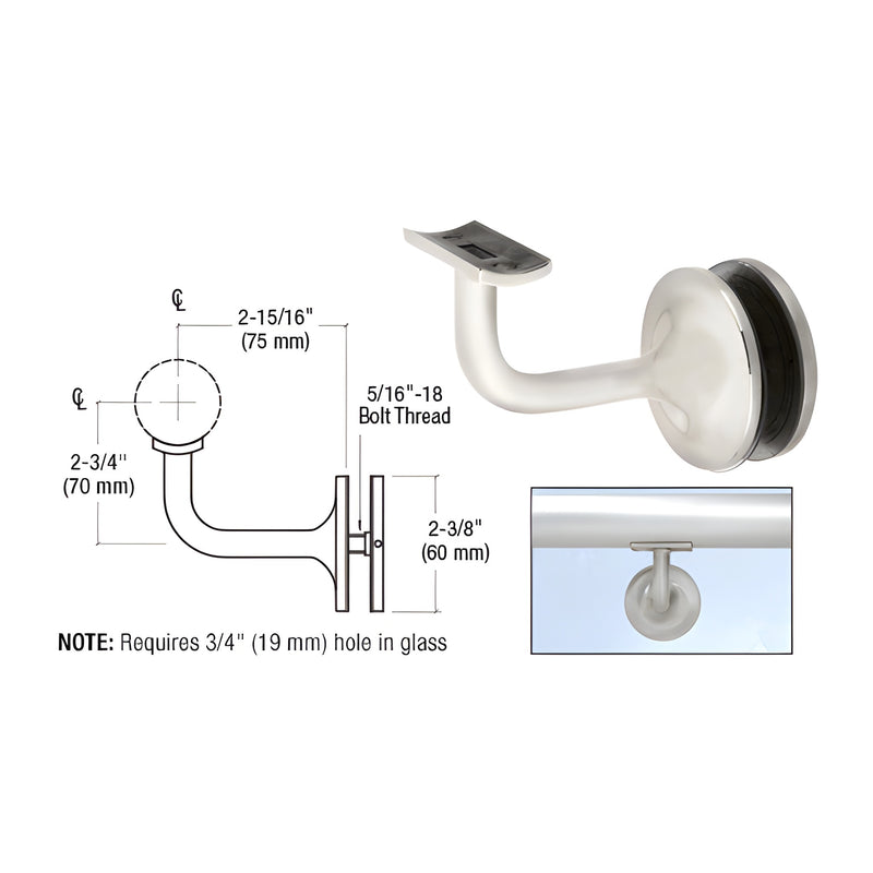 A technical diagram and product photo showing the brushed stainless steel Pismo Series glass-mounted hand rail bracket with dimensions.