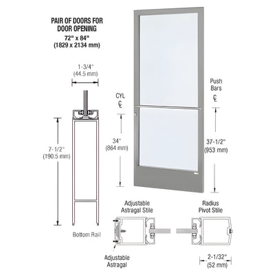 CRL-U.S. Aluminum Clear Anodized 250 Series Narrow Stile Active Leaf of Pair 3'0 x 7'0 Center Hung for OHCC w/Standard Push Bars Complete Door / Std. MS Lock, 7-1/2" Std. Bottom Rail