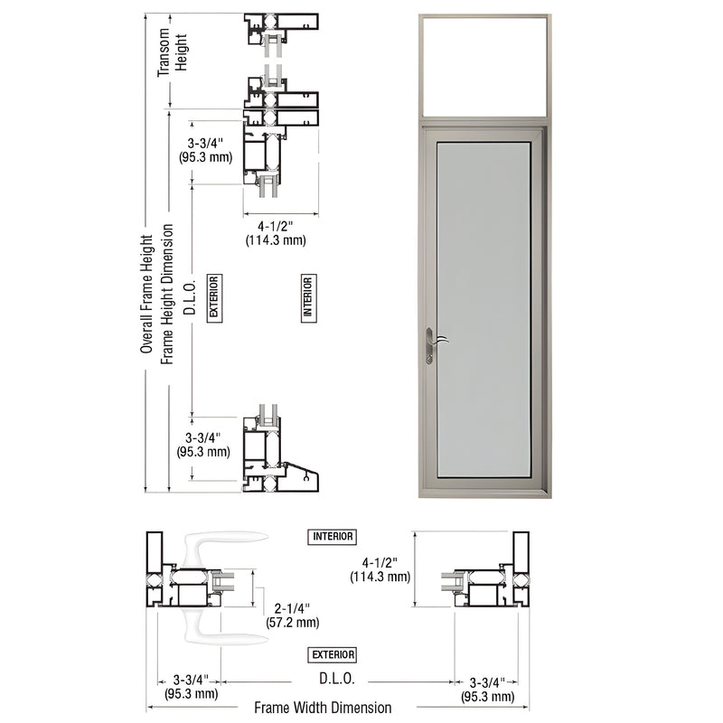 Technical diagram showing the profile and elevation views of a CRL-U.S. Aluminum Series 900 single hinge terrace door with a clear anodized finish.