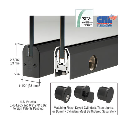 Black Powder Coated Low Profile Tapered DRS Door Patch Rail With Lock for 1/2" Glass - 8" Length
