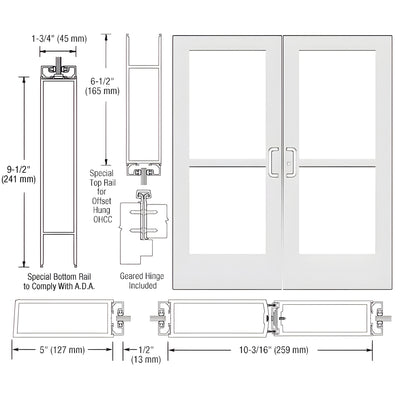 CRL-U.S. Aluminum White KYNAR® Paint Custom Pair Series 550 Wide Stile Geared Hinge Entrance Doors With Panics for Overhead Concealed Door Closers