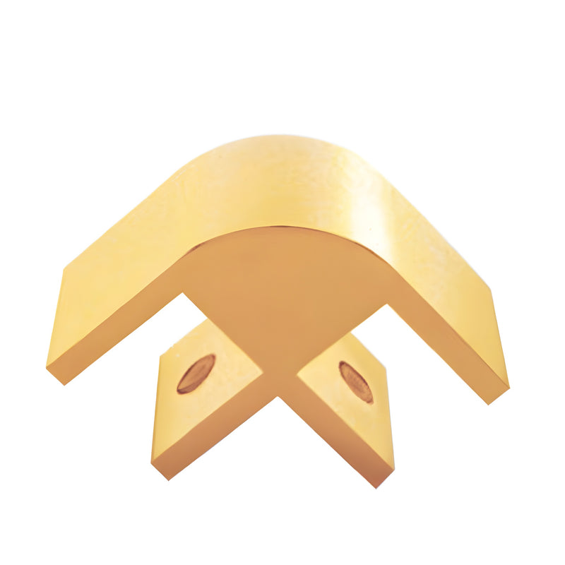 A gold anodized aluminum 2-way 90-degree connector designed for 3/8-inch glass panels.