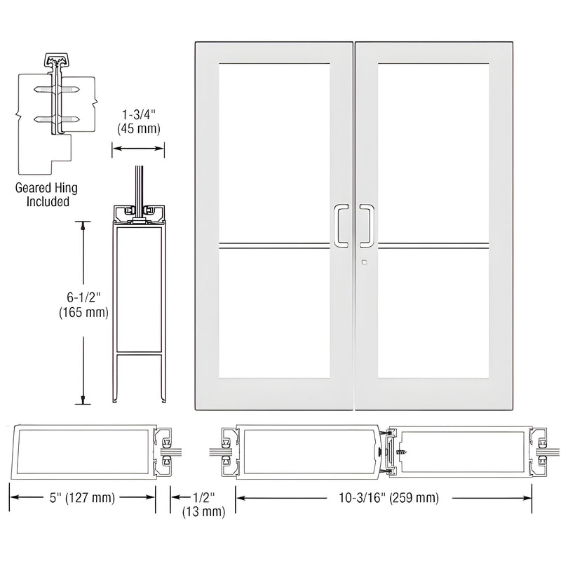 Technical diagram showing the profile, dimensions, and assembly of a pair of Series 550 wide stile entrance doors with geared hinges.