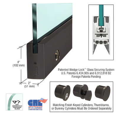 CRL Black Bronze Anodized 1/2" Glass 4" Square Door Rail With Lock - 41" Length