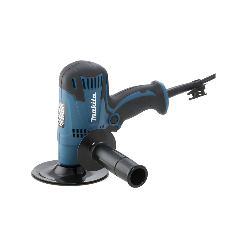 A blue and black Makita disc sander-polisher with a side handle and a 5-inch pad.