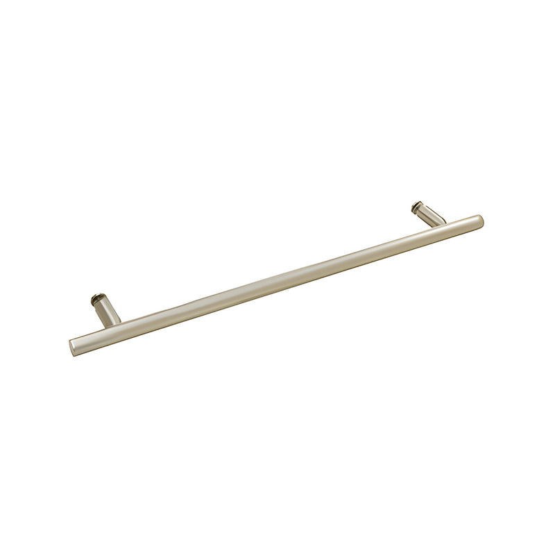 A brushed nickel ladder style towel bar with a tubular design and glass mount hardware.