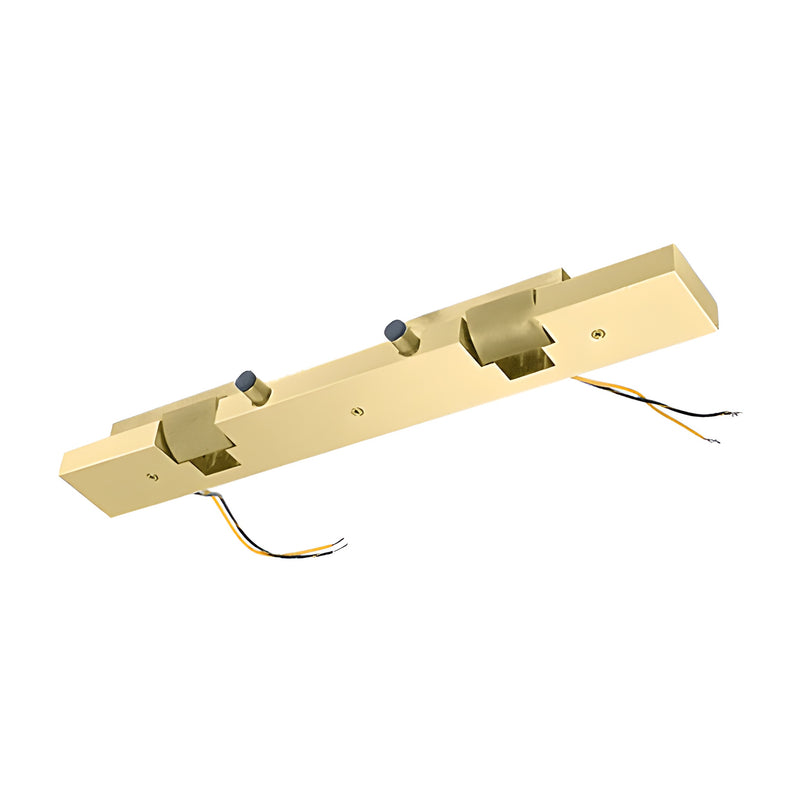 A polished brass aluminum electric strike keeper for double doors with exposed wiring.