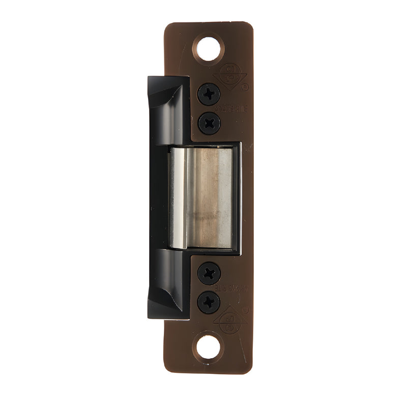 A front view of the Adams Rite 7101 Series electric strike with a dark bronze anodized finish and a radiused faceplate.
