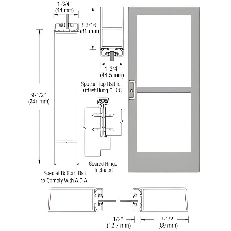 Technical diagram showing the profile and components of a Series 400 medium stile entrance door with a geared hinge and A.D.A. compliant bottom rail.