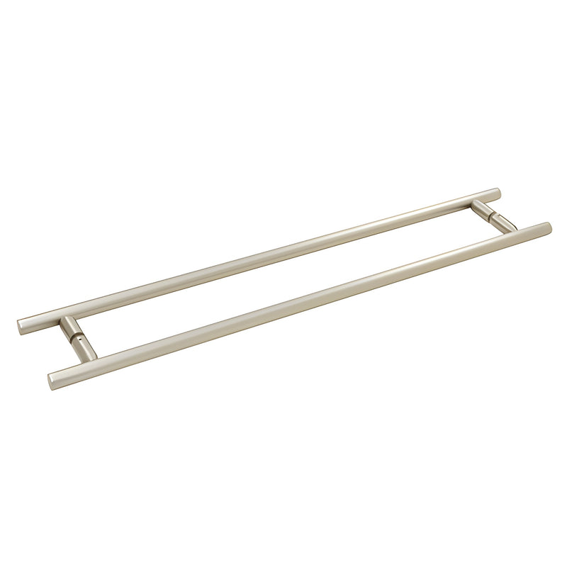A brushed nickel ladder style towel bar designed for back-to-back glass mounting.