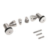 A set of polished stainless steel double arm swivel fittings for 1/2 inch glass with included mounting hardware.