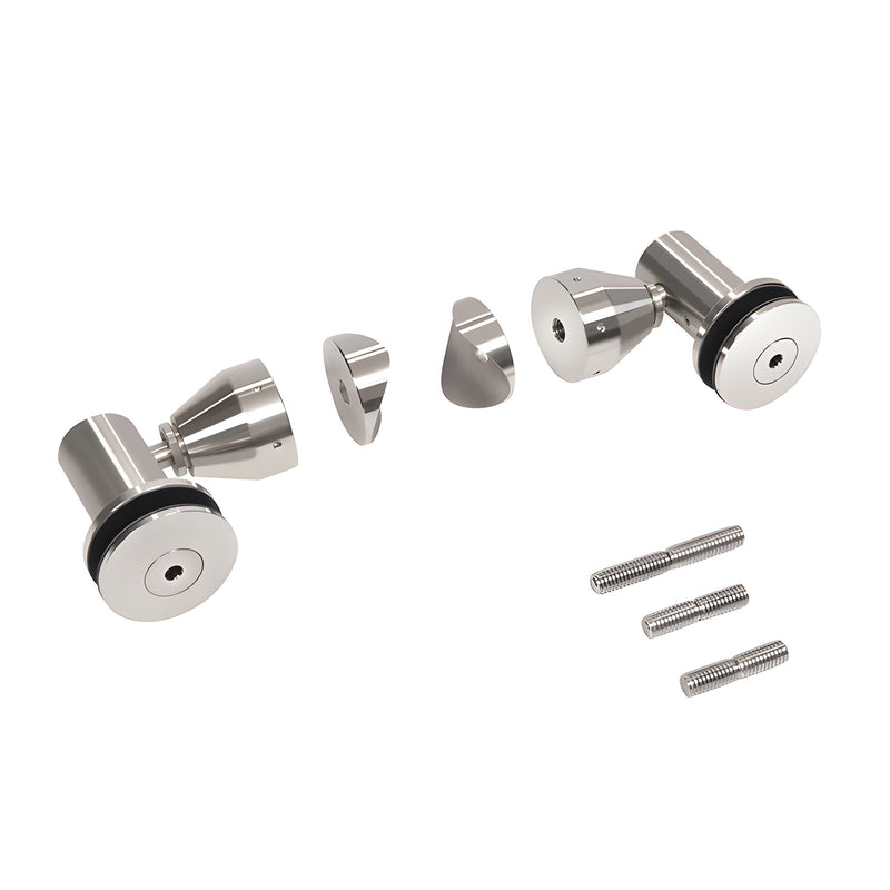 A set of polished stainless steel double arm swivel fittings for 1/2 inch glass with included mounting hardware.