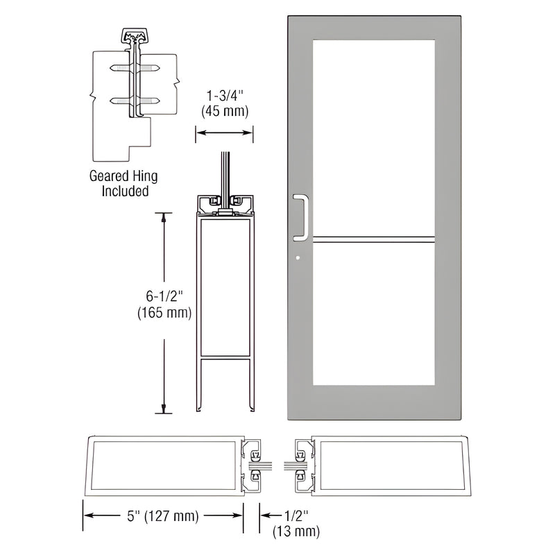 Technical diagram showing the profile and dimensions of a Series 550 wide stile entrance door with a geared hinge.