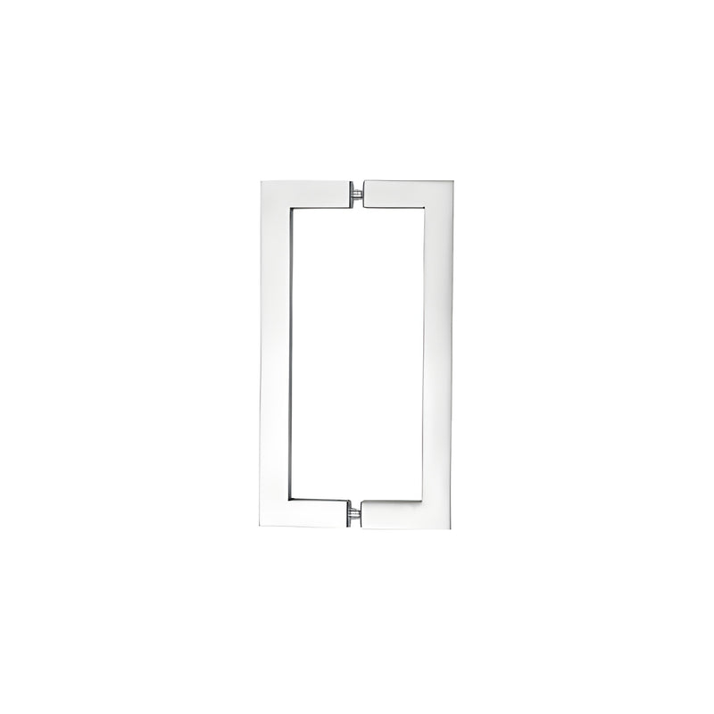 A polished stainless steel square tube back-to-back pull handle designed for glass mounting.