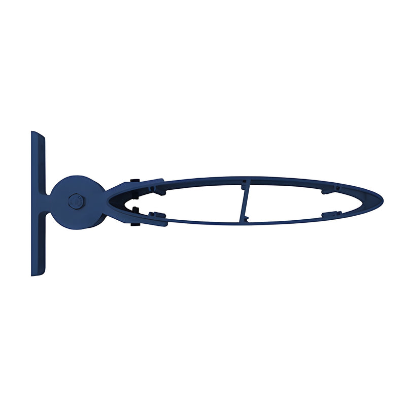 A side view of a 12-inch blue airfoil single adjustable mounting bracket with a powder-coated finish.