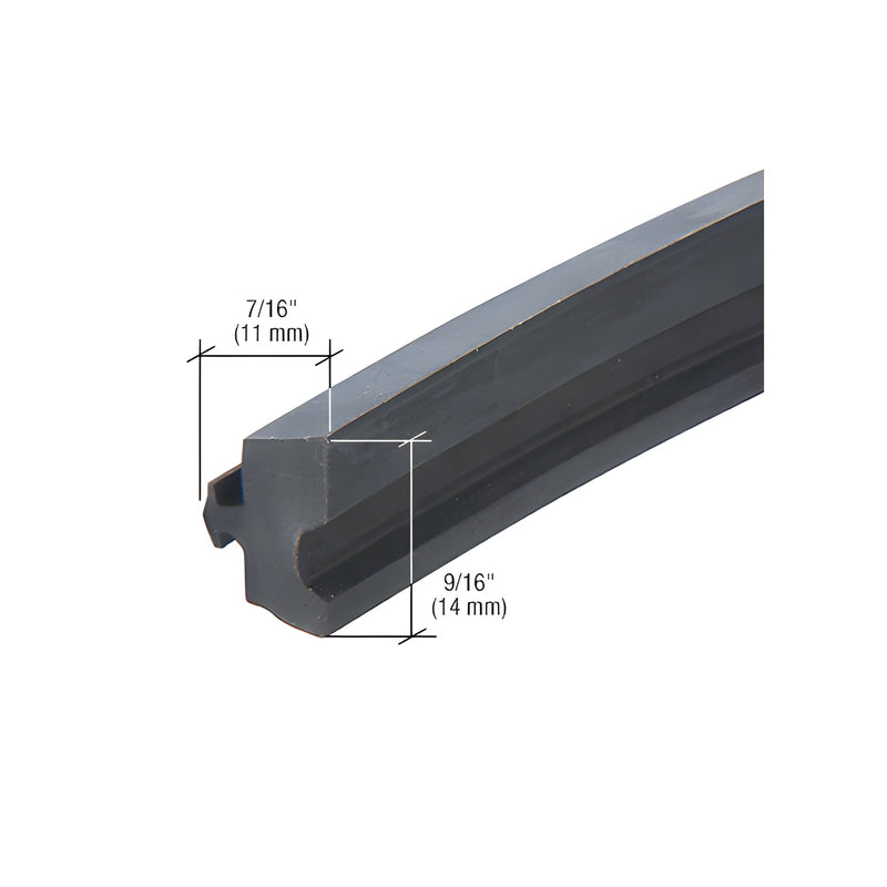 A close-up view of a black EPDM curtainwall gasket showing its 7/16 inch by 9/16 inch profile dimensions.