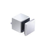 A polished stainless steel square standoff base and cap assembly for glass railing systems.