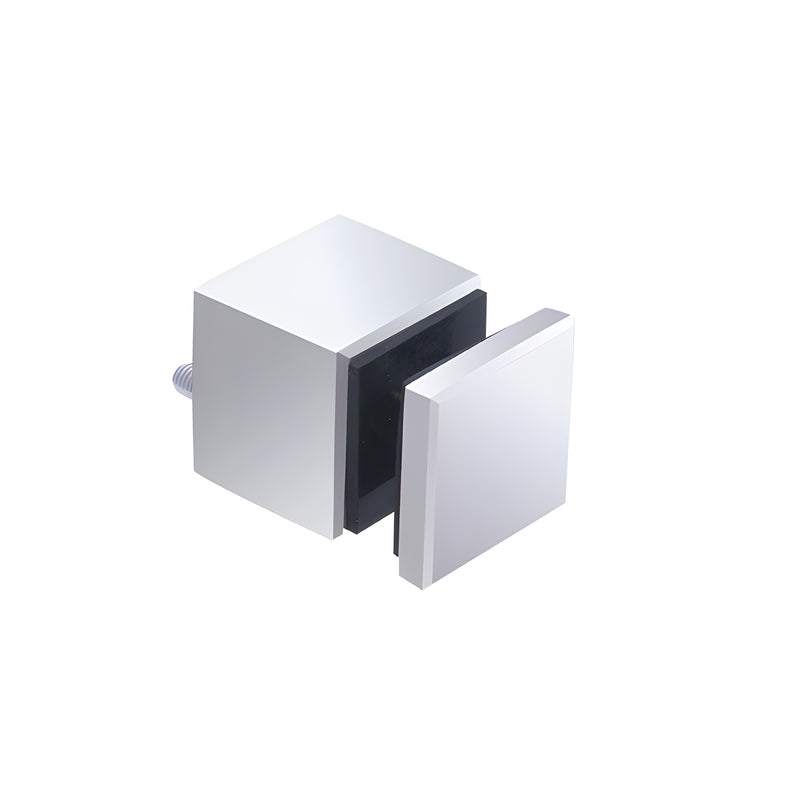 A polished stainless steel square standoff base and cap assembly for glass railing systems.