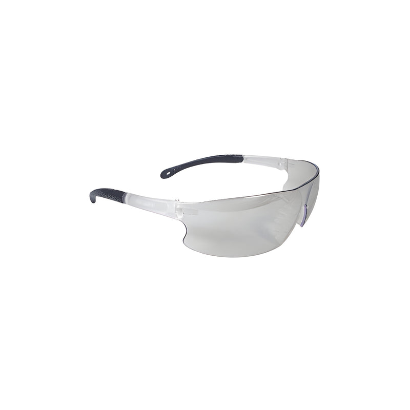 A pair of clear polycarbonate Radians Rad-Sequel safety glasses with black temple tips shown against a white background.