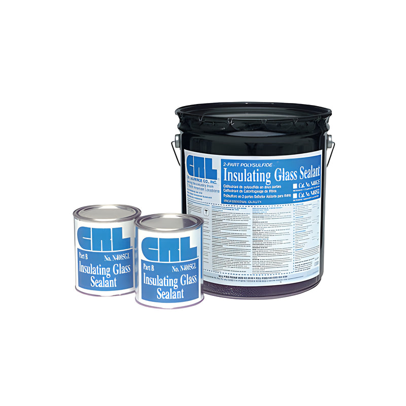 A large 5-gallon container and two smaller cans of CRL black two-part polysulfide insulating glass sealant are displayed against a white background.
