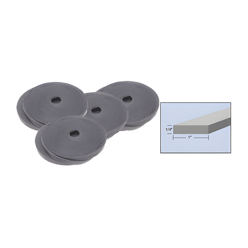 Several black rolls of flexible PVC setting block material are shown next to a diagram illustrating the 1/4 inch thickness and 1 inch width.